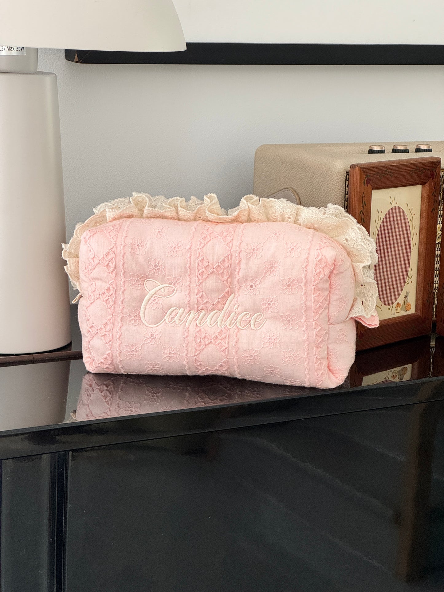Makeup Pouch - Blush Lace - Custom Name