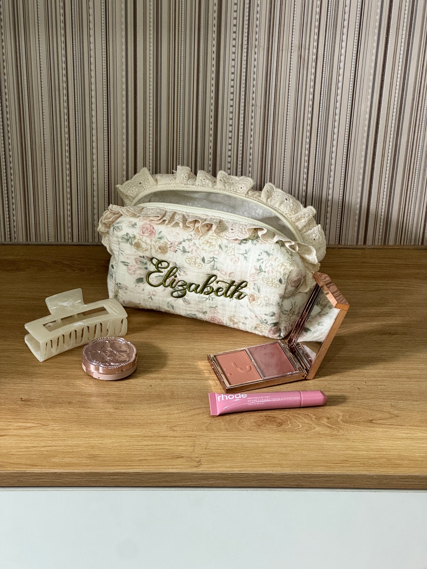 Makeup Pouch - Vintage Rose - Custom Name
