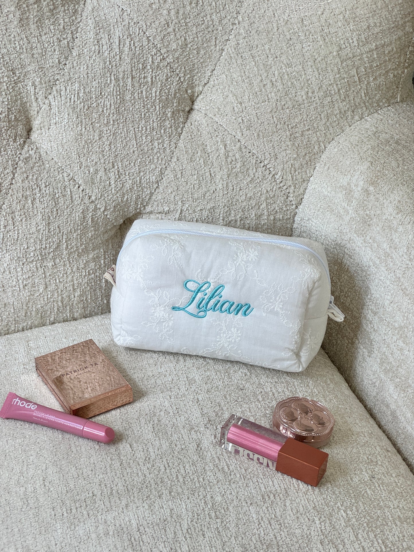 Makeup Pouch - White Bloom - Custom Name