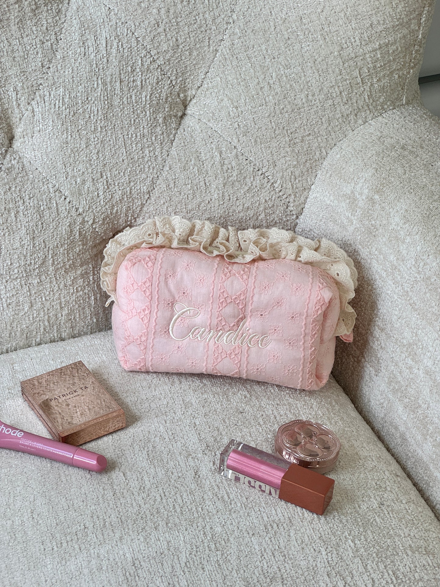 Makeup Pouch - Blush Lace - Custom Name