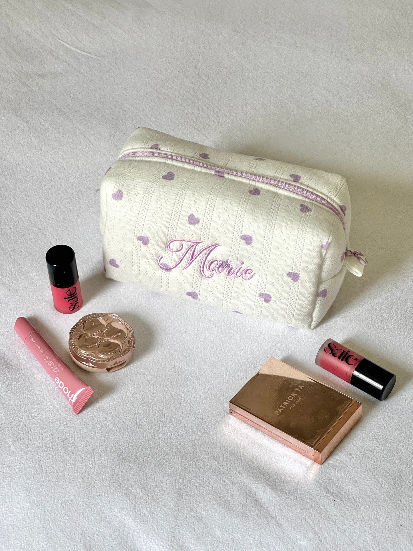 Makeup Pouch - Lavender Hearts - Custom Name