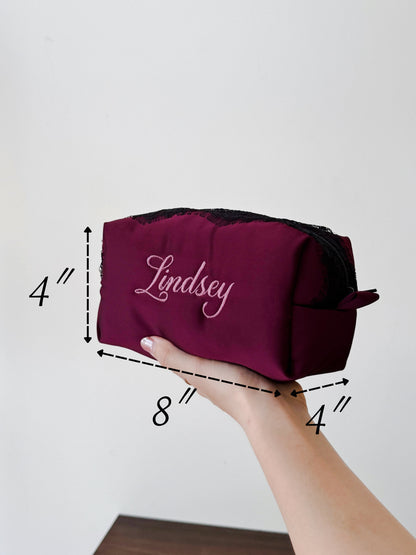 Makeup Pouch - Burgundy Lace - Custom Name