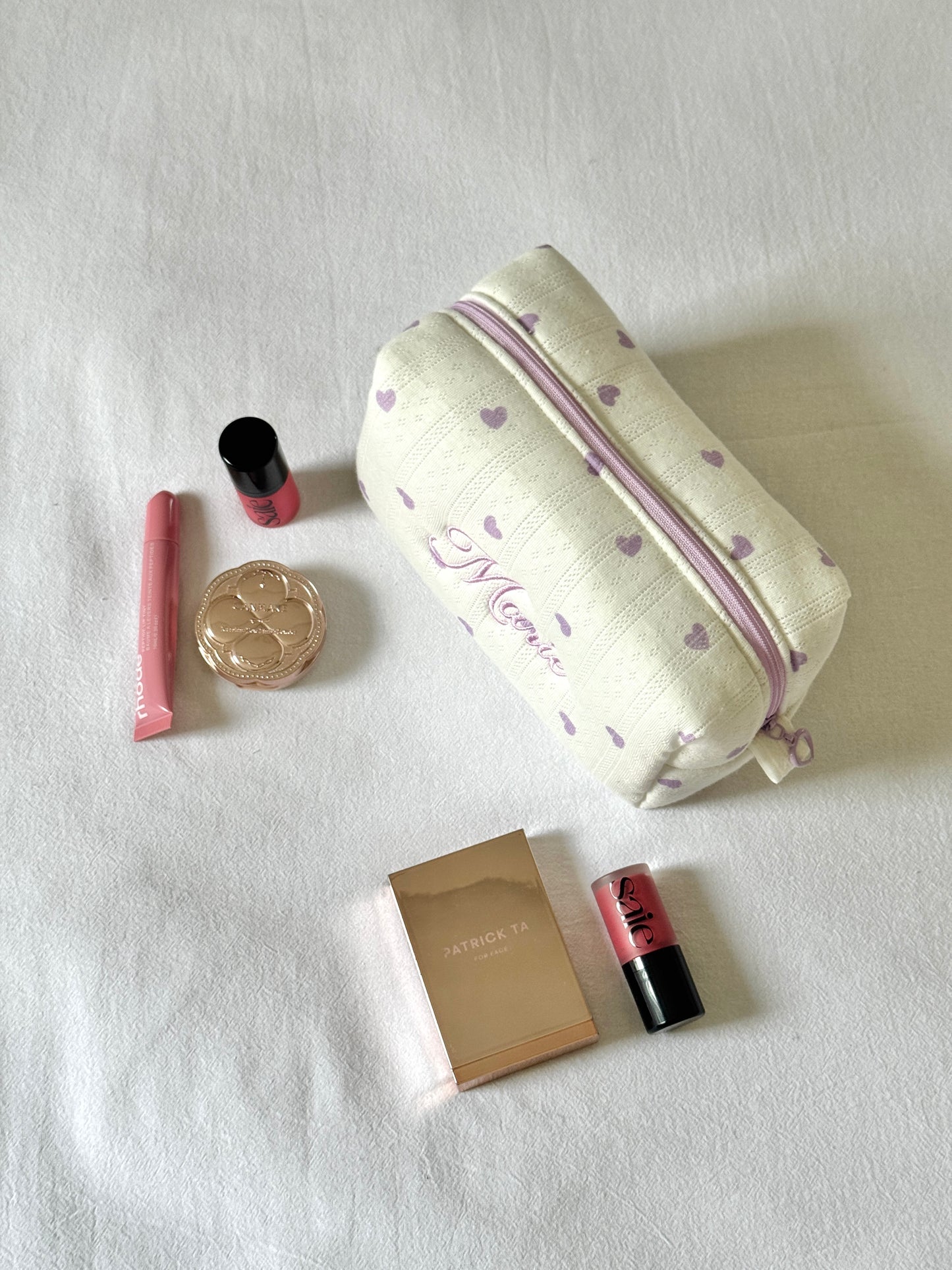 Makeup Pouch - Lavender Hearts - Custom Name