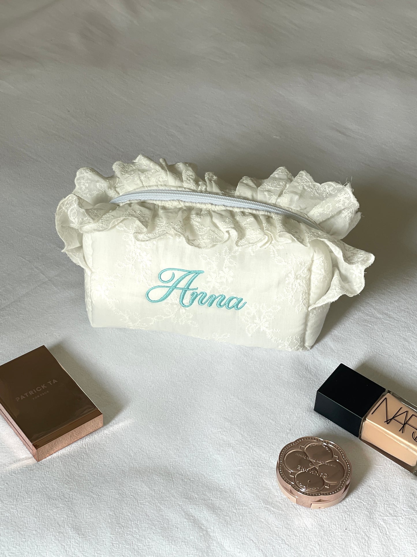 Makeup Pouch - White Bloom 2 - Custom Name