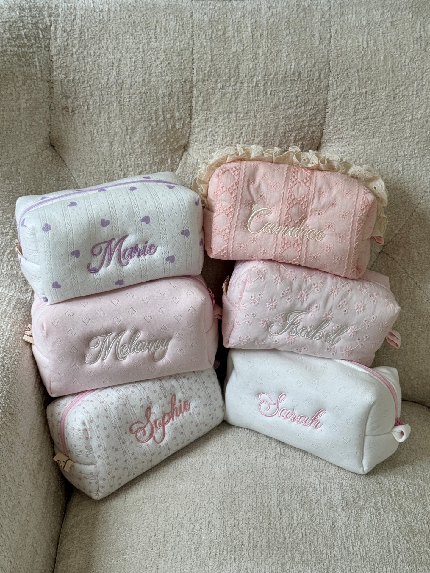 Makeup Pouch - Lavender Hearts - Custom Name