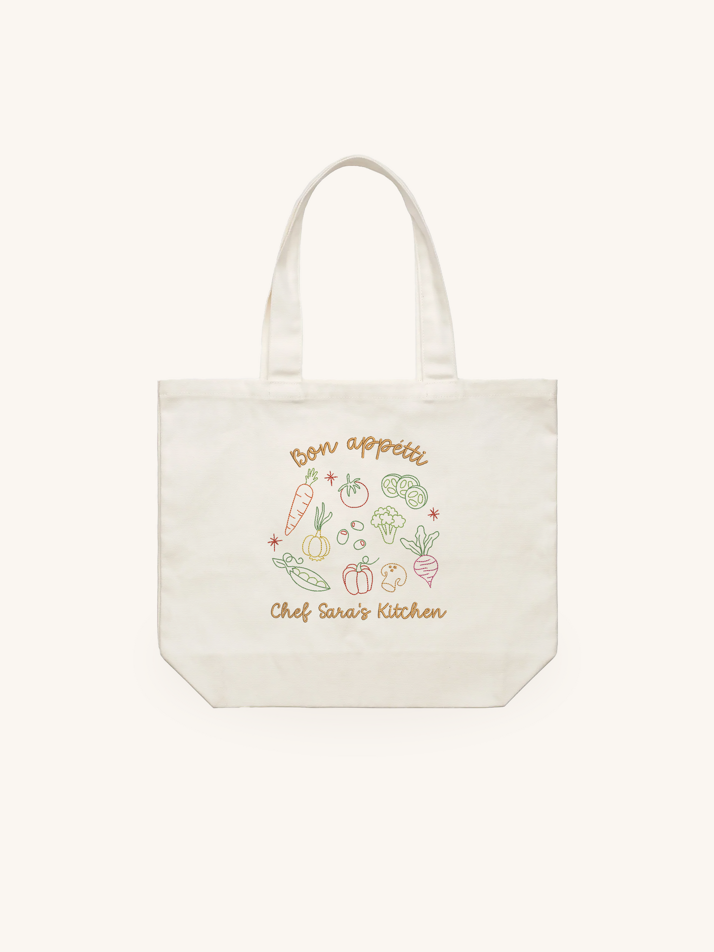 Personalized Cream Tote Bag with Vegetable Embroidery - 16.5x12.5 inches