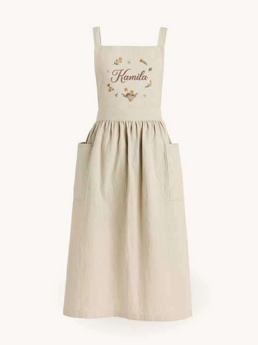 Personalized Beige Apron with Botanical Embroidery & Name