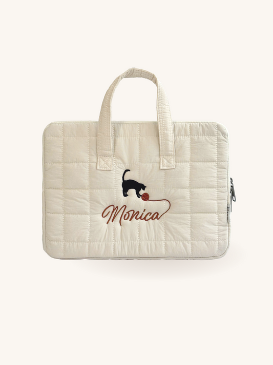 Personalized Quilted Laptop Sleeve with Embroidered Name & Cat Design - 13 inches