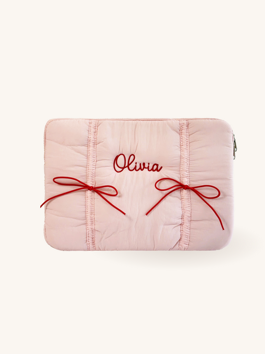 Personalized Pink Laptop Sleeve with Embroidered Name & Red Bows - 13 inches