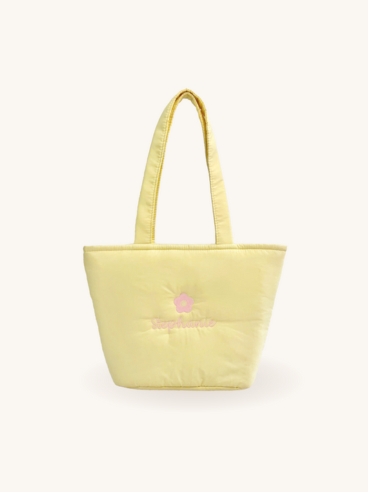 Personalized Puffer Shoulder Bag with Embroidered Name & Flower - 14x10 inches