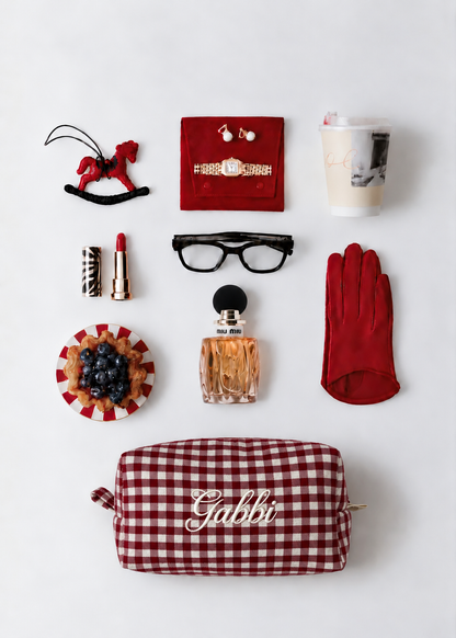 Makeup Pouch - Ruby Gingham - Custom Name