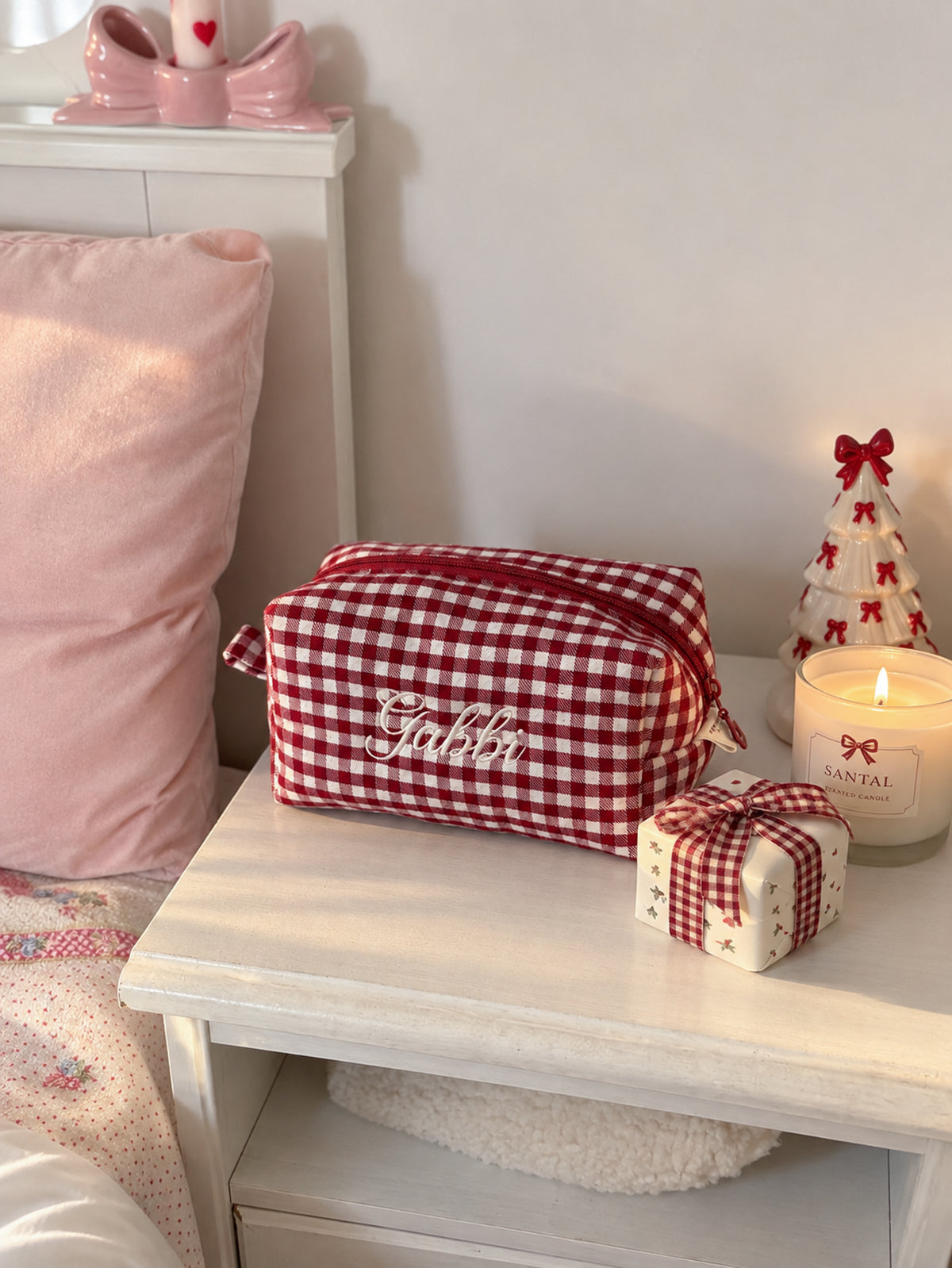 Makeup Pouch - Ruby Gingham - Custom Name