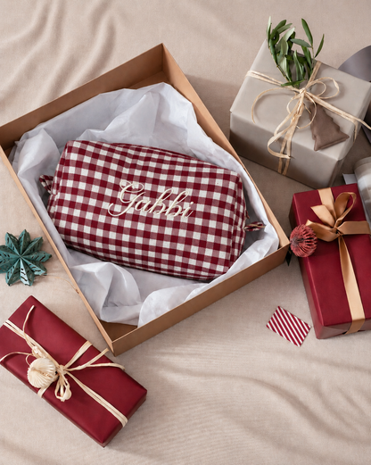 Makeup Pouch - Ruby Gingham - Custom Name