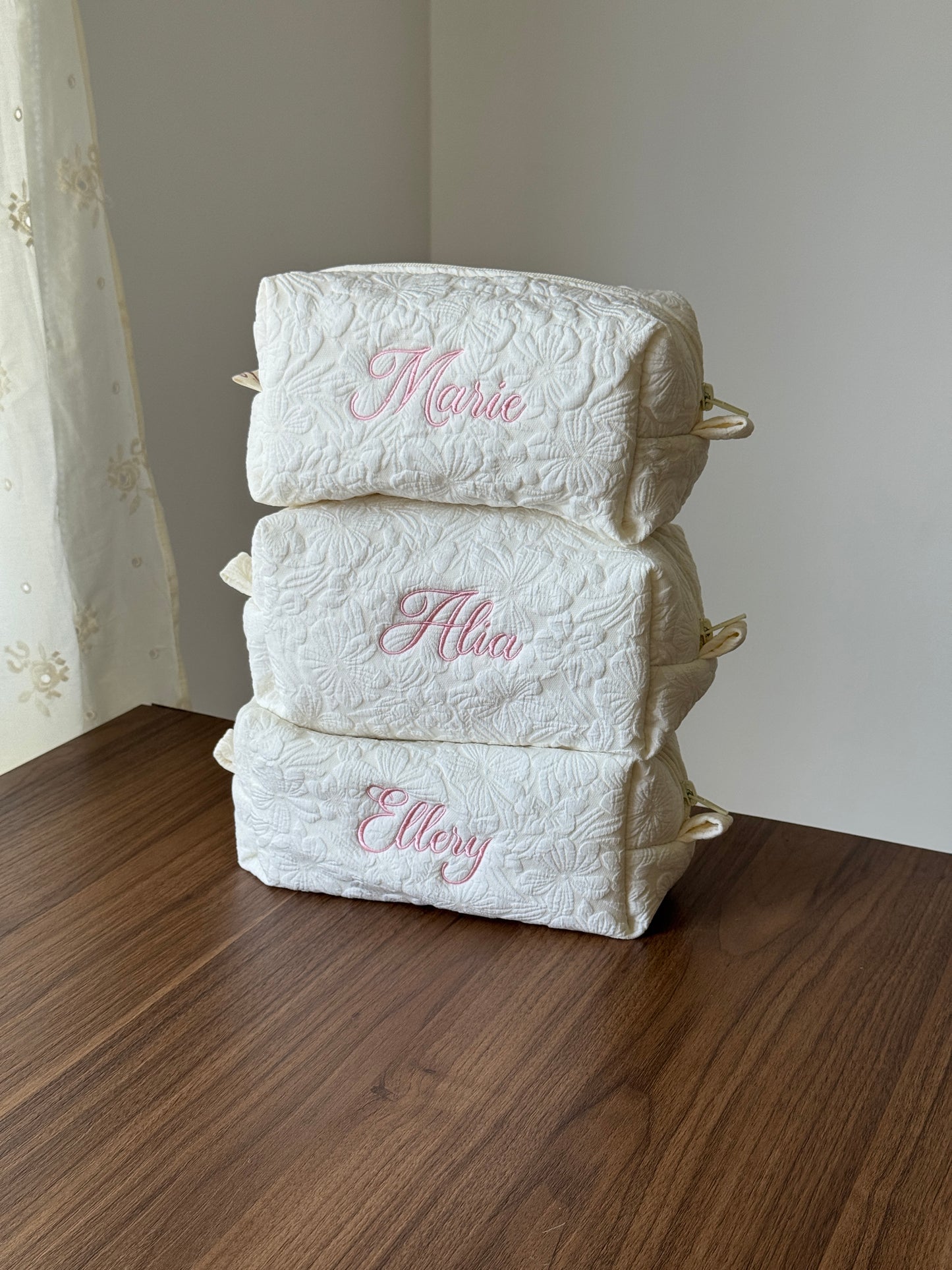 Makeup Pouch - White Garden - Custom Name
