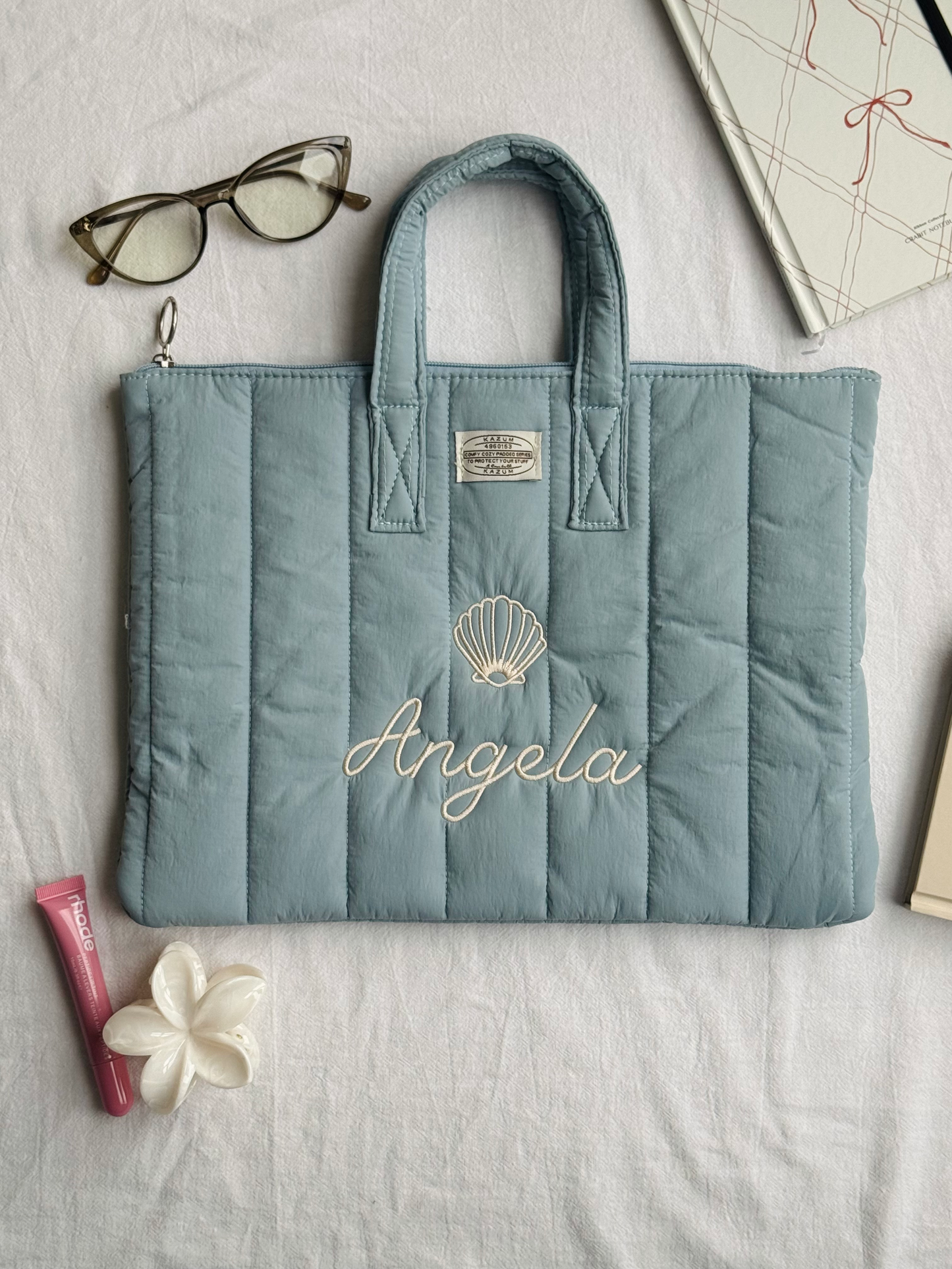 Personalized Blue Laptop Sleeve with Embroidered Name & Seashell - 13 inches