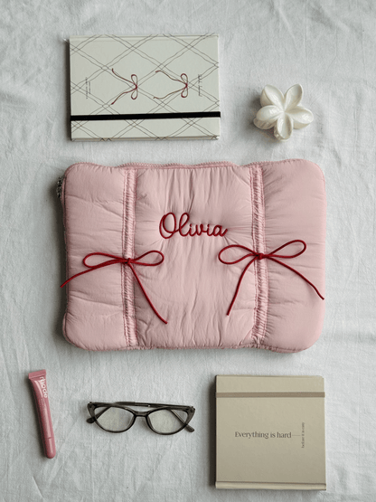 Personalized Pink Laptop Sleeve with Embroidered Name & Red Bows - 13 inches