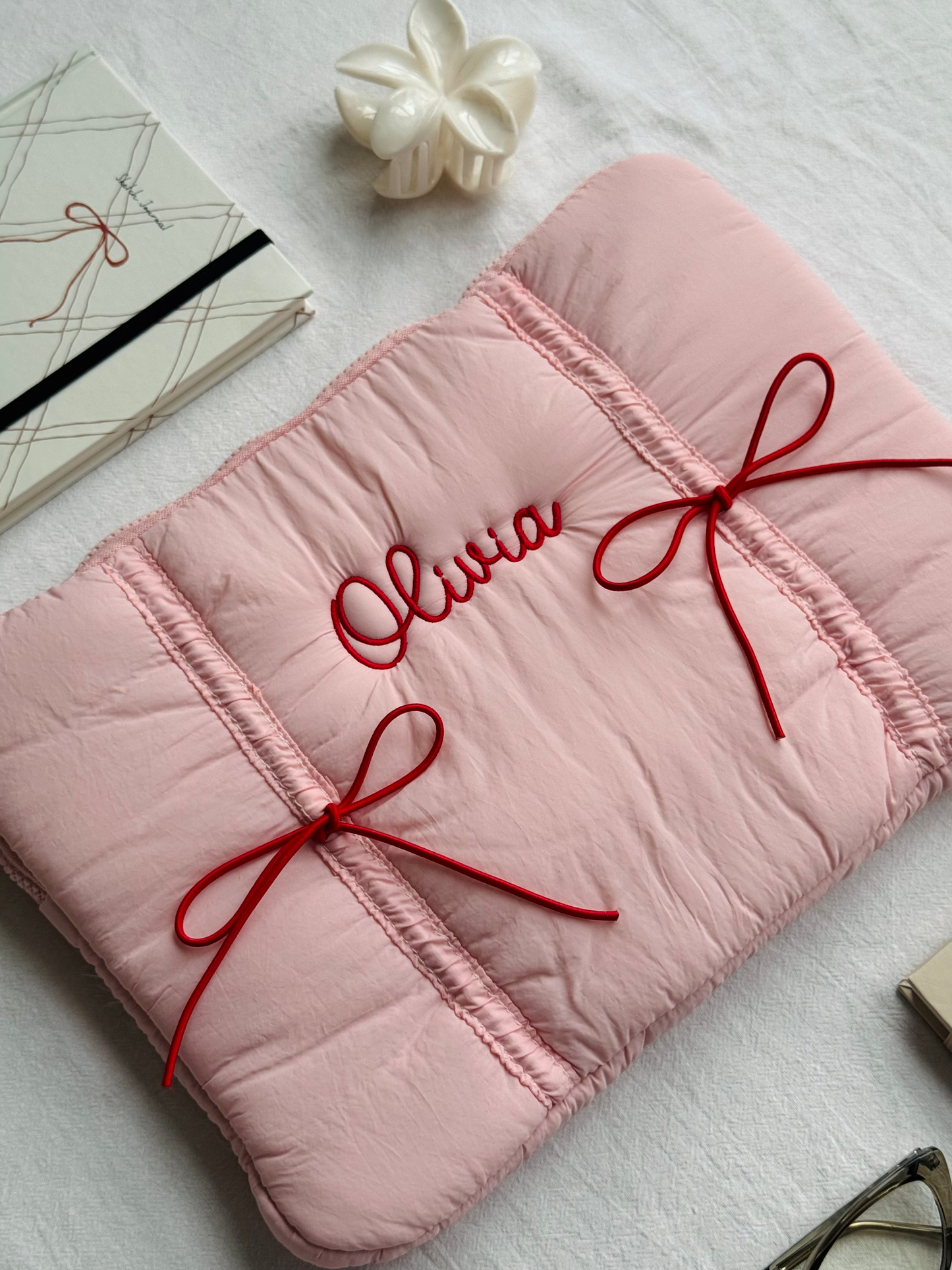 Personalized Pink Laptop Sleeve with Embroidered Name & Red Bows - 13 inches