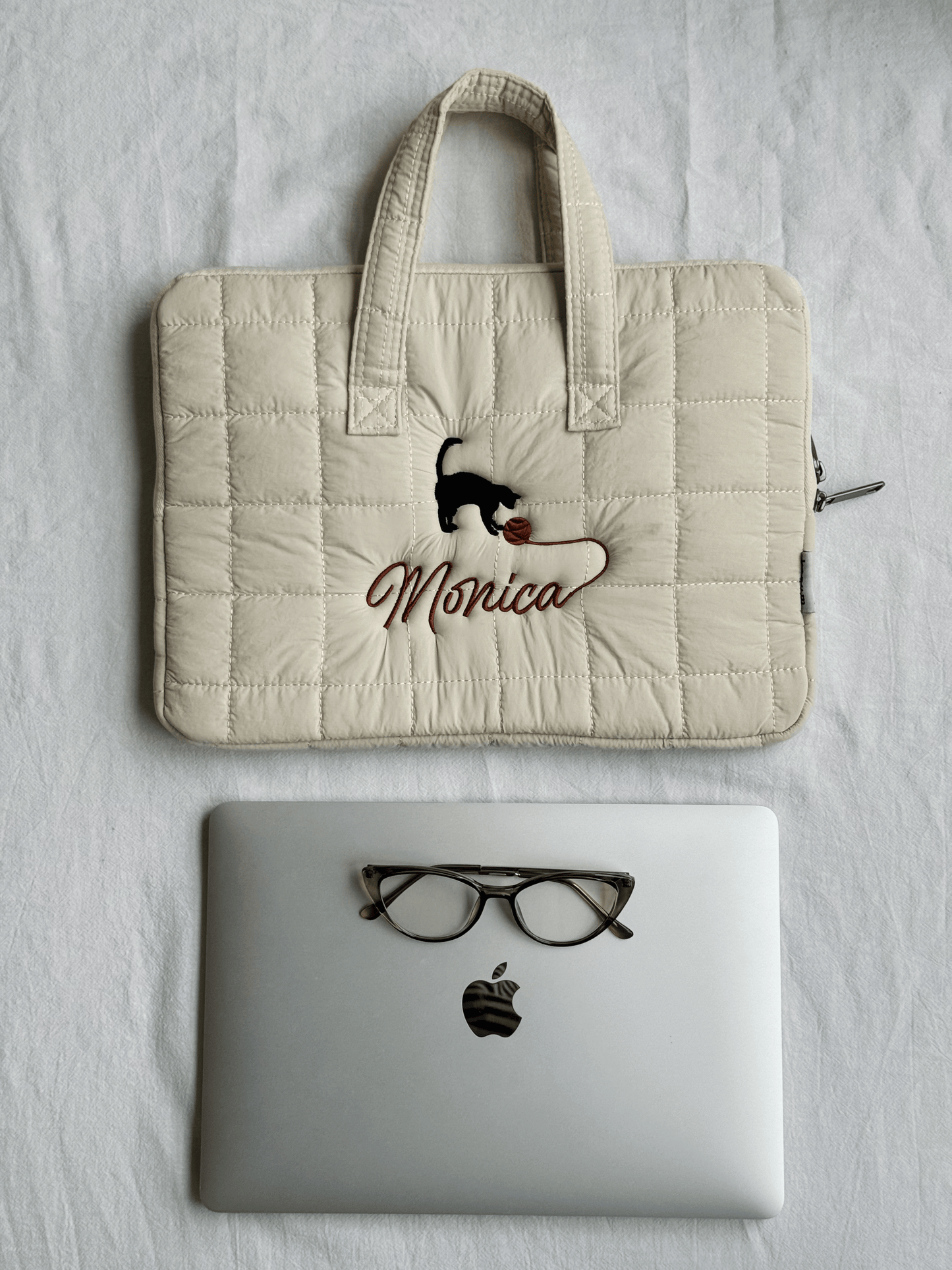 Personalized Quilted Laptop Sleeve with Embroidered Name & Cat Design - 13 inches