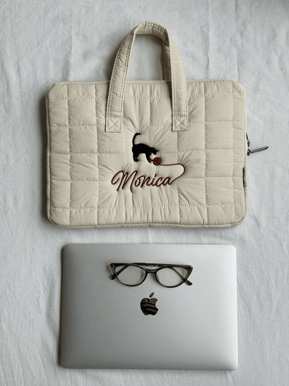 Personalized Quilted Laptop Sleeve with Embroidered Name & Cat Design - 13 inches