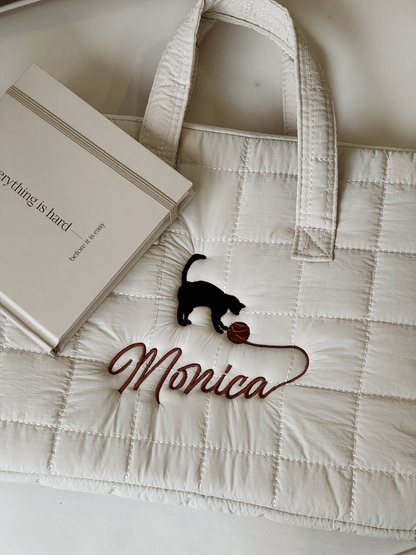 Personalized Quilted Laptop Sleeve with Embroidered Name & Cat Design - 13 inches