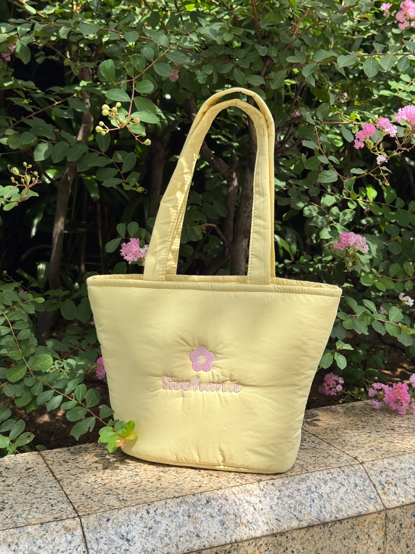 Personalized Puffer Shoulder Bag with Embroidered Name & Flower - 14x10 inches