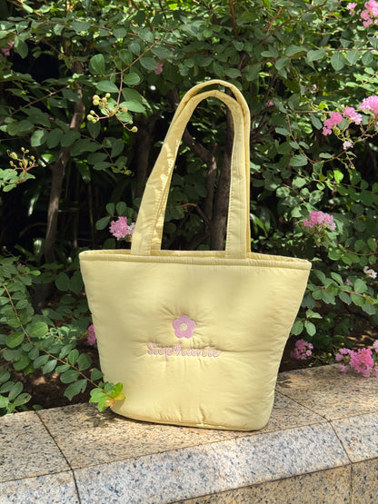 Personalized Puffer Shoulder Bag with Embroidered Name & Flower - 14x10 inches