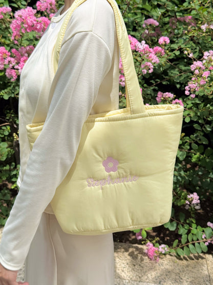 Personalized Puffer Shoulder Bag with Embroidered Name & Flower - 14x10 inches