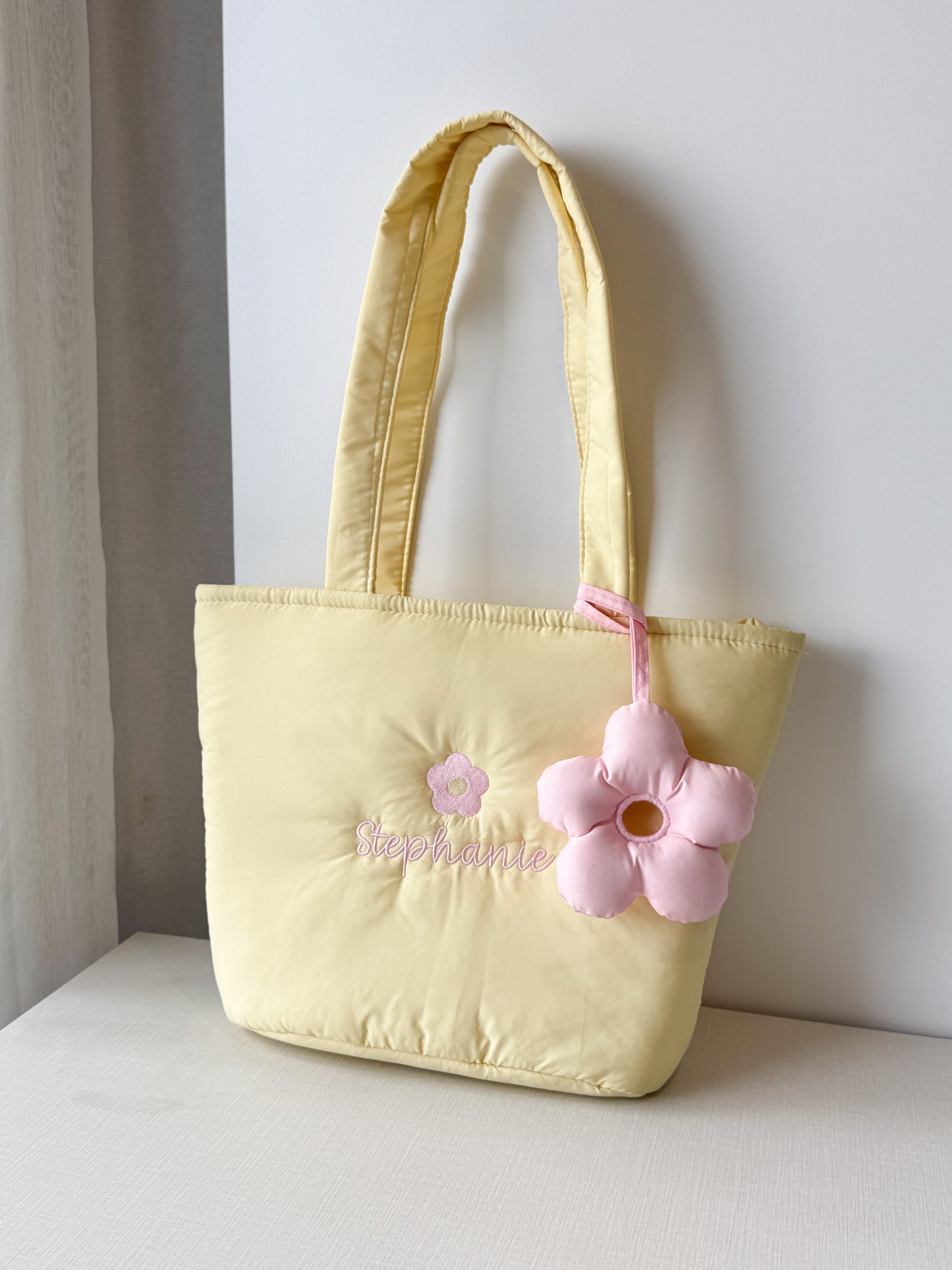 Personalized Puffer Shoulder Bag with Embroidered Name & Flower - 14x10 inches