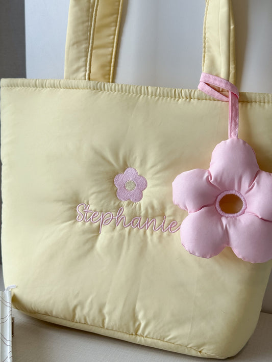 Personalized Puffer Shoulder Bag with Embroidered Name & Flower - 14x10 inches