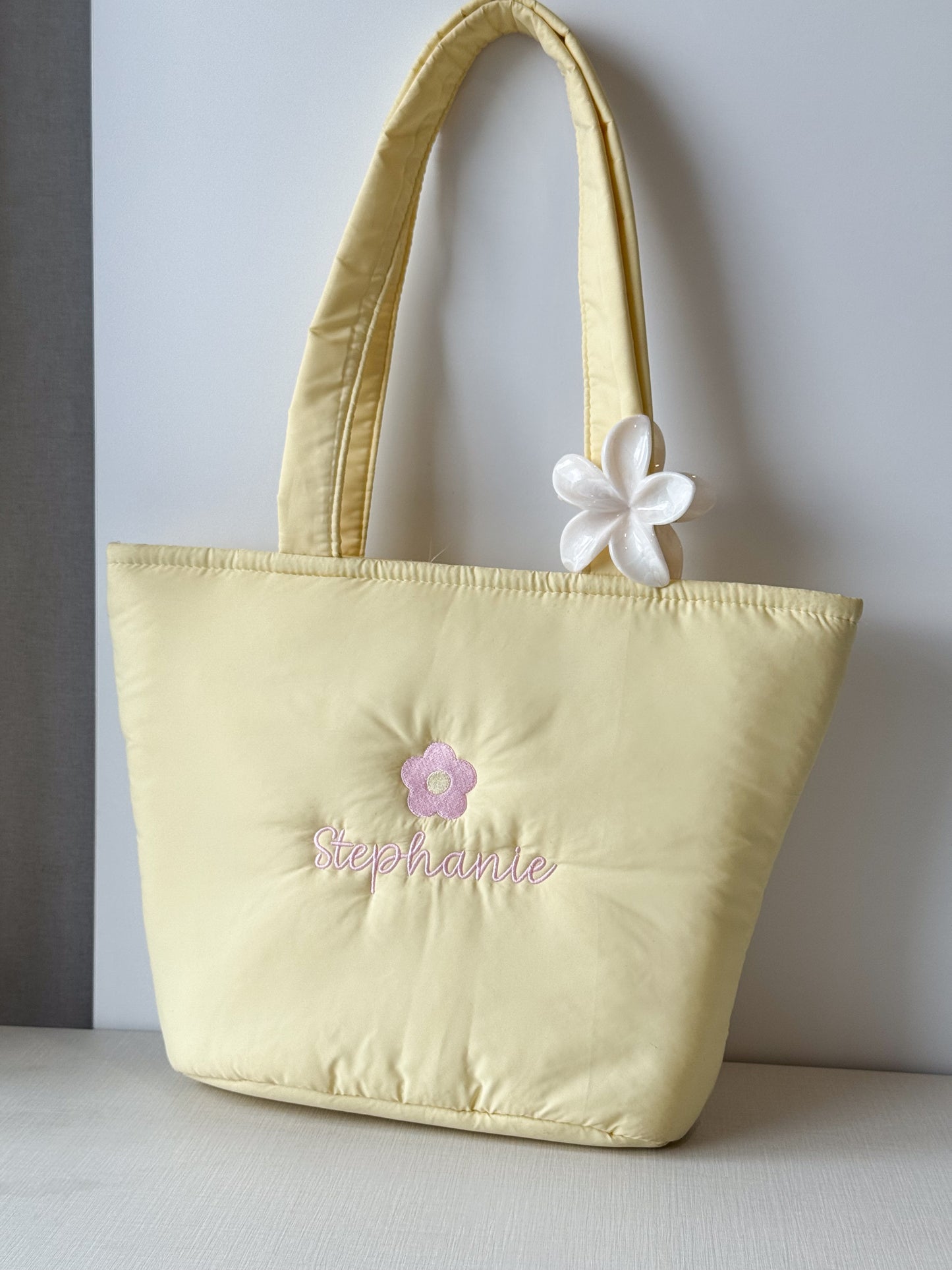 Personalized Puffer Shoulder Bag with Embroidered Name & Flower - 14x10 inches