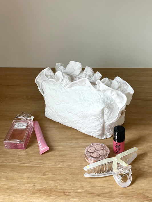 Makeup Pouch - White Garden Ruffle