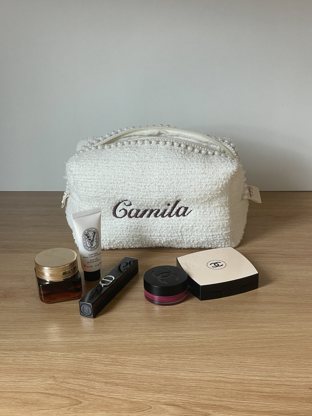 Makeup Pouch - Ivory Pearls - Custom Name