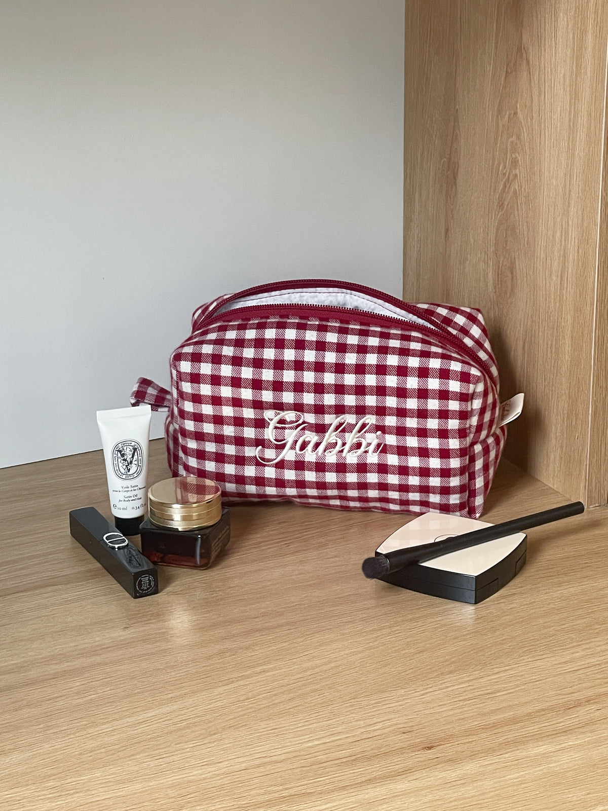 Makeup Pouch - Ruby Gingham - Custom Name