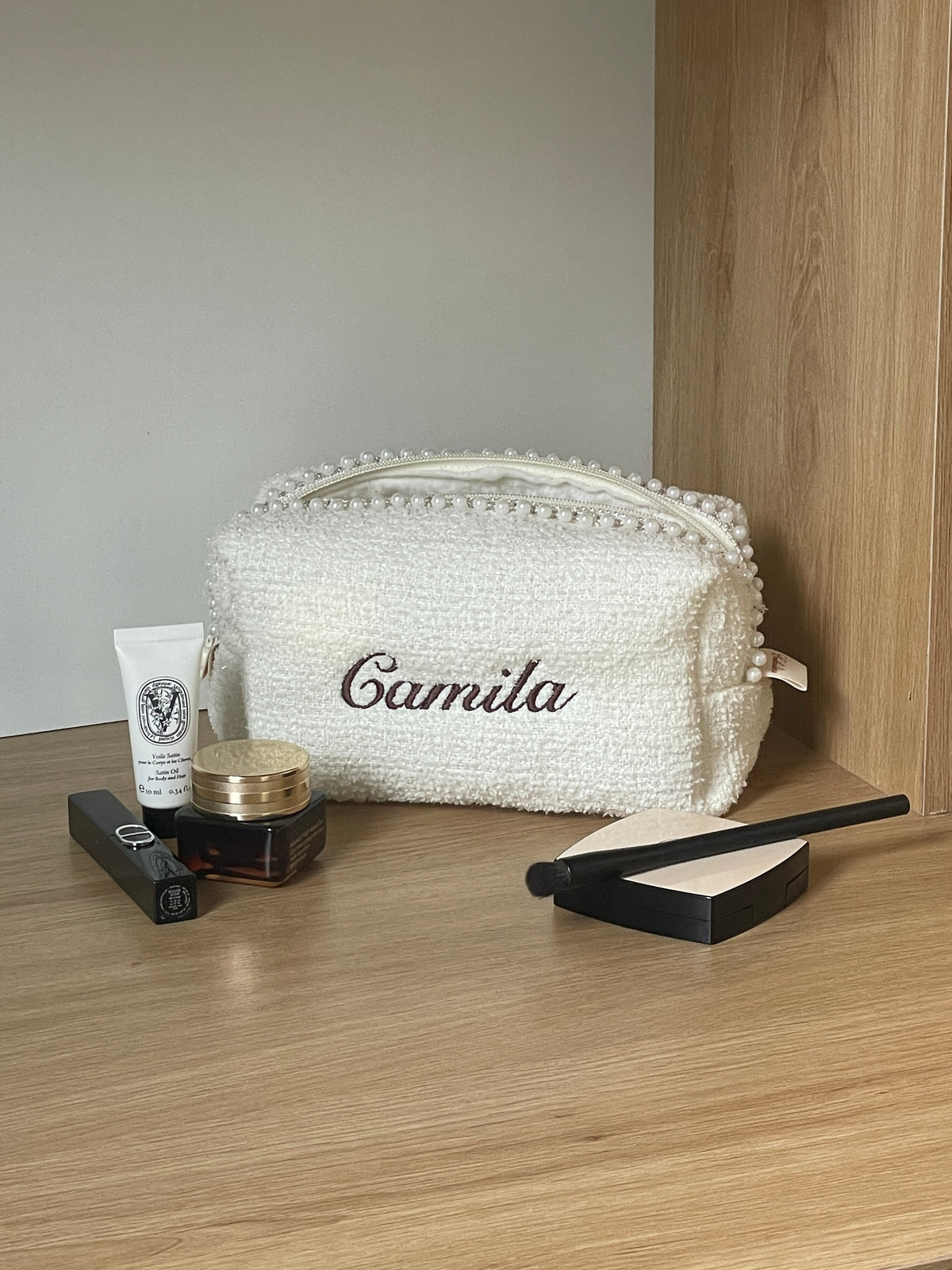 Makeup Pouch - Ivory Pearls - Custom Name