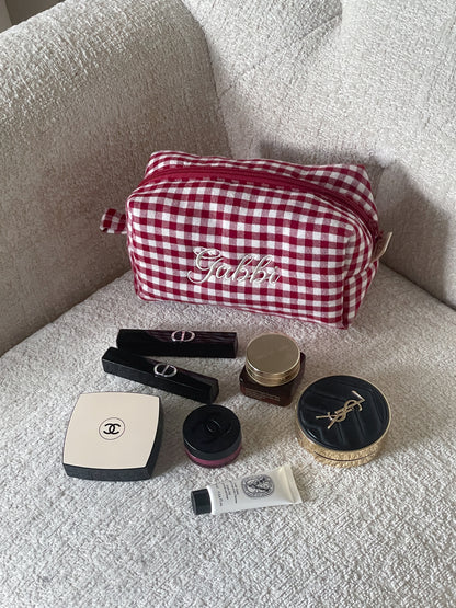 Makeup Pouch - Ruby Gingham - Custom Name
