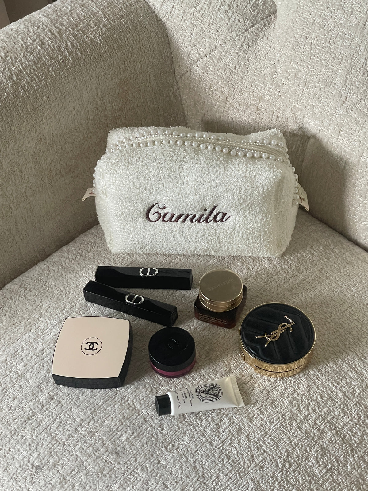 Makeup Pouch - Ivory Pearls - Custom Name