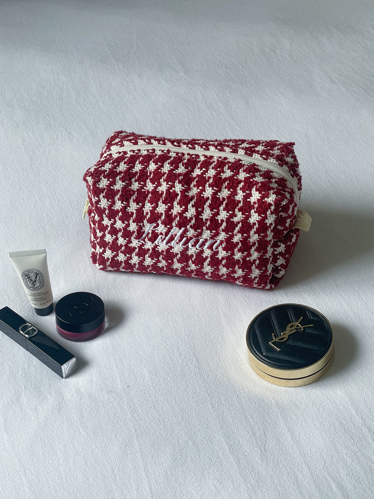 Makeup Pouch - Cherry Houndstooth - Custom Name