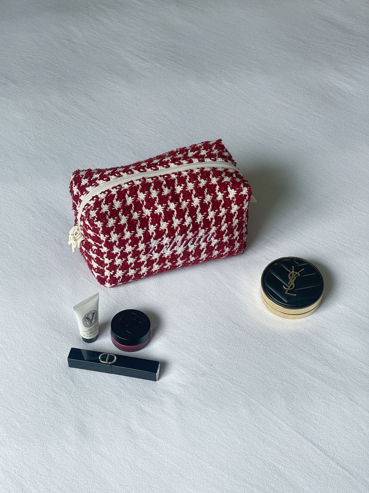 Makeup Pouch - Cherry Houndstooth - Custom Name