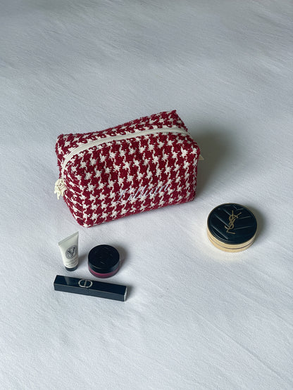 Makeup Pouch - Cherry Houndstooth - Custom Name