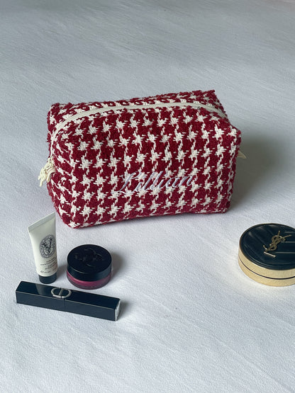 Makeup Pouch - Cherry Houndstooth - Custom Name