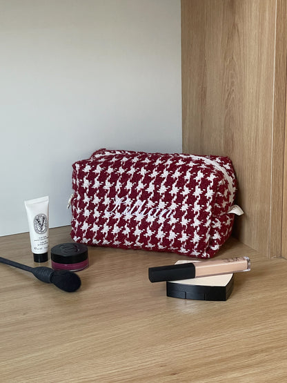 Makeup Pouch - Cherry Houndstooth - Custom Name