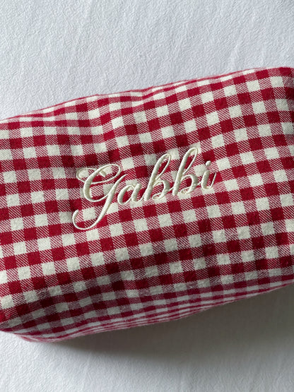 Makeup Pouch - Ruby Gingham - Custom Name