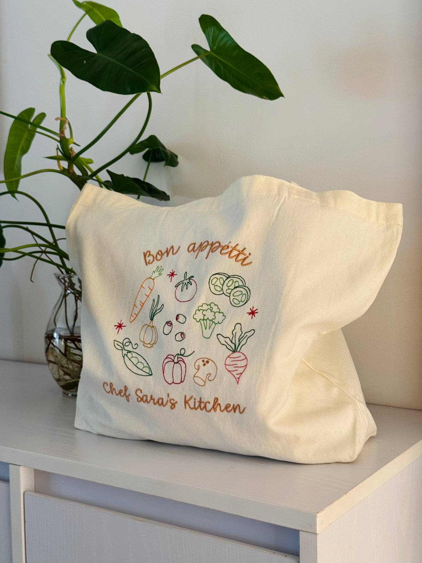 Personalized Cream Tote Bag with Vegetable Embroidery - 16.5x12.5 inches