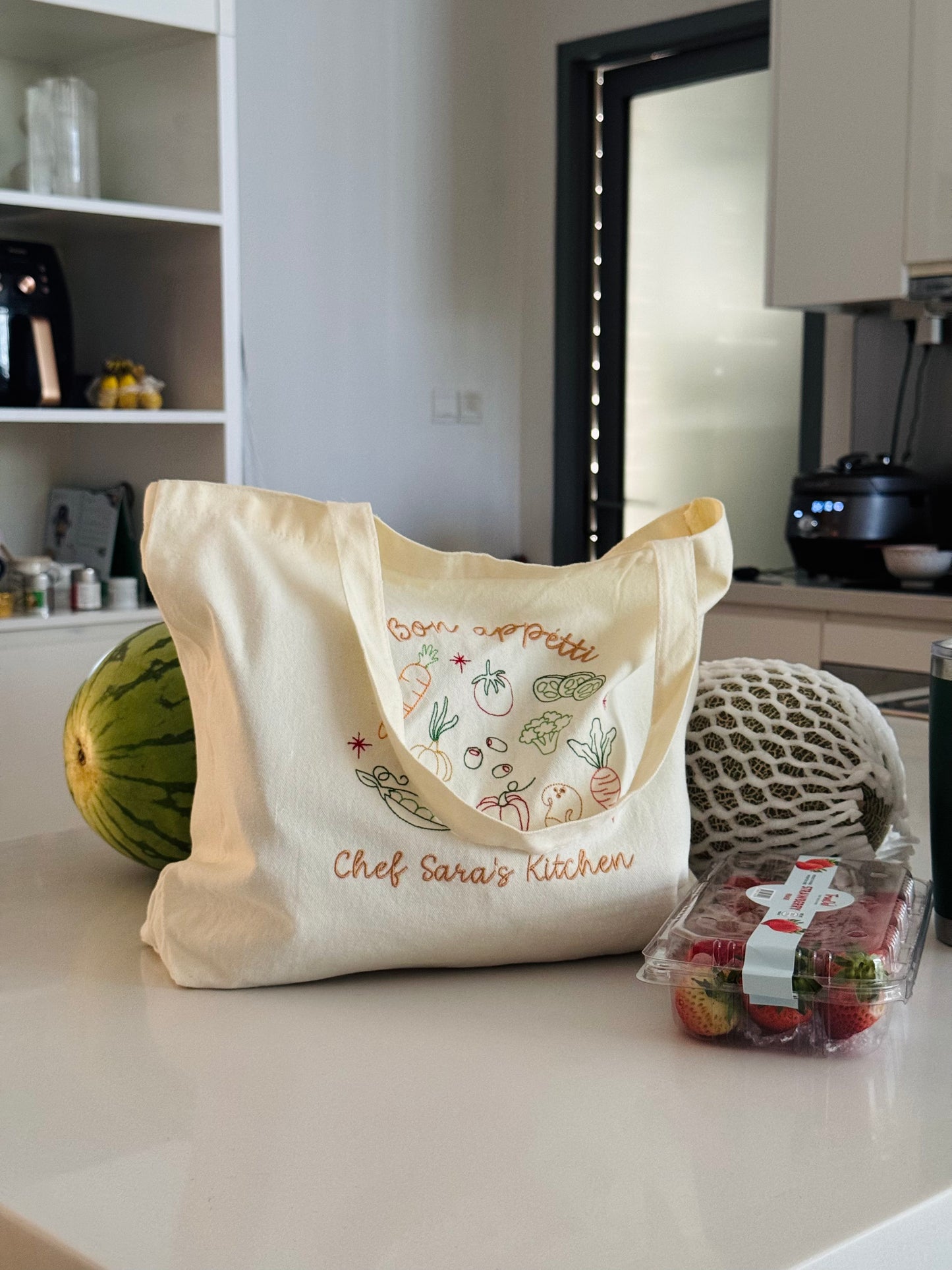 Personalized Cream Tote Bag with Vegetable Embroidery - 16.5x12.5 inches