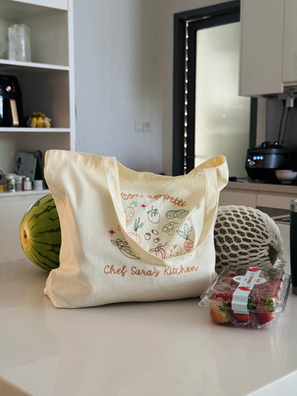 Personalized Cream Tote Bag with Vegetable Embroidery - 16.5x12.5 inches