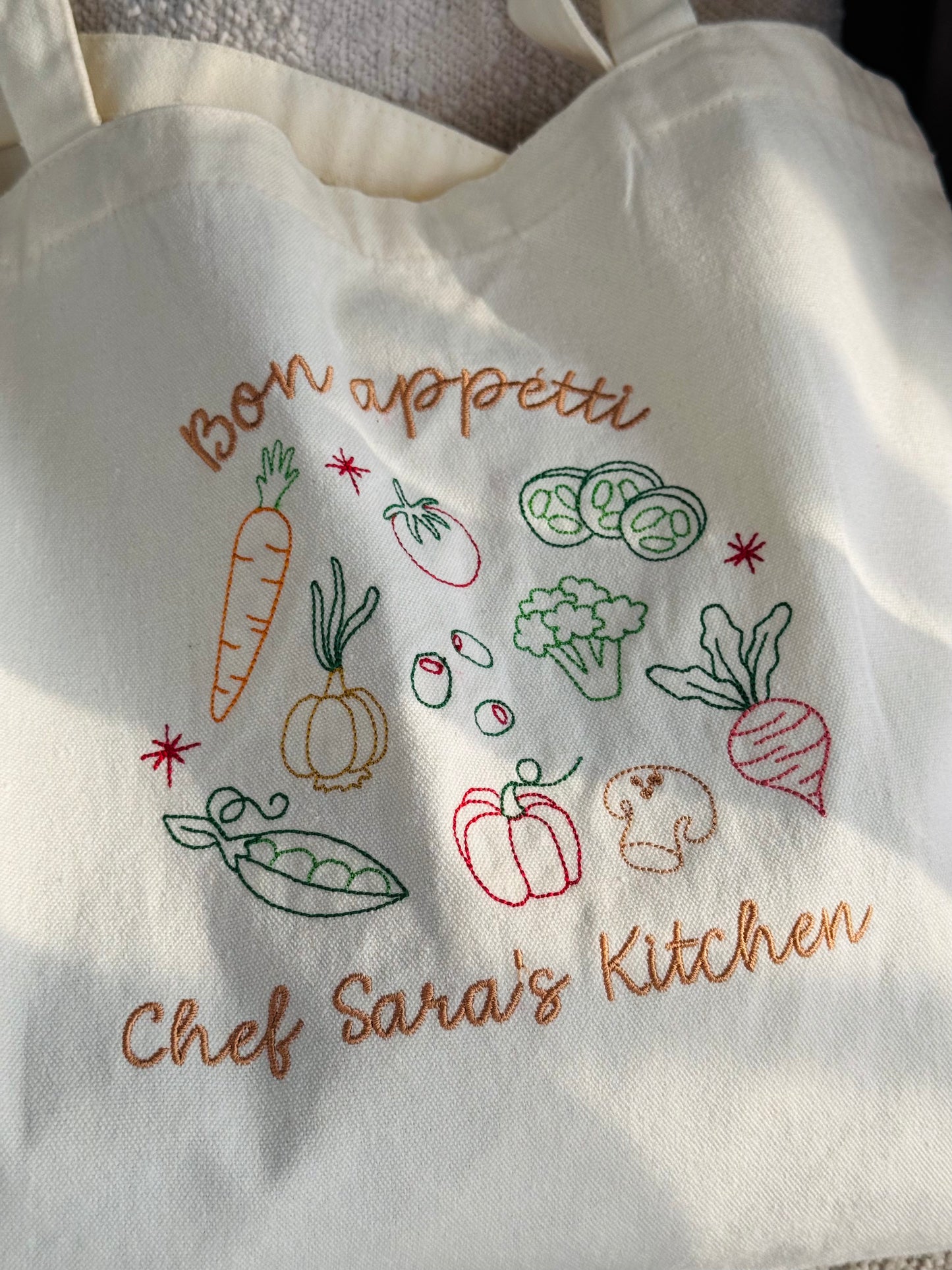 Personalized Cream Tote Bag with Vegetable Embroidery - 16.5x12.5 inches