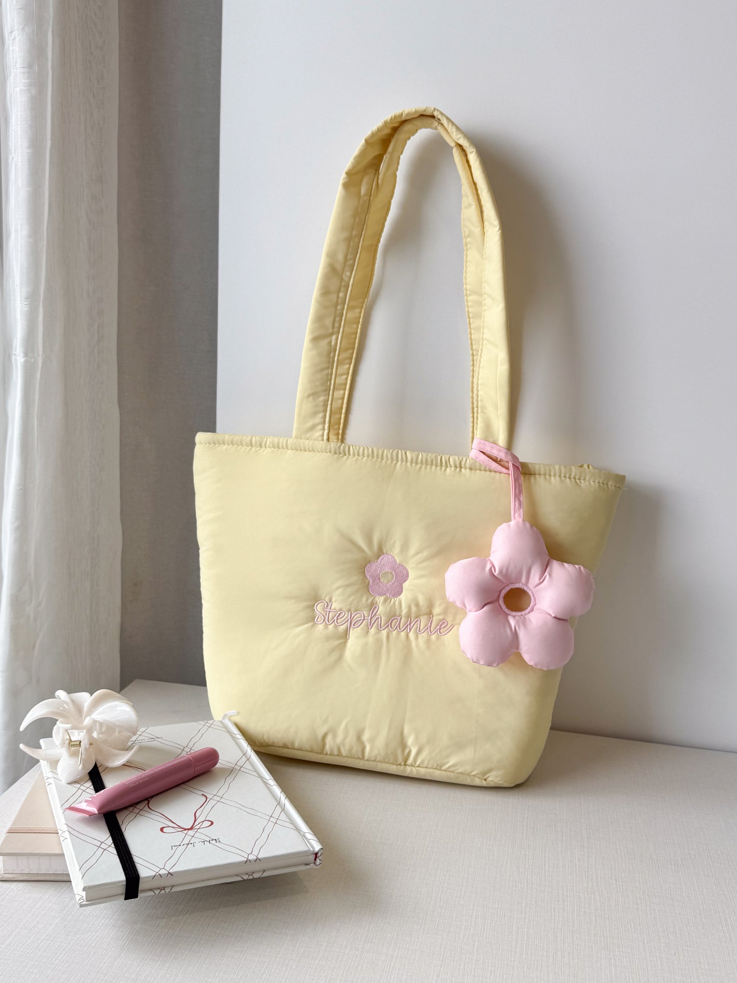 Personalized Puffer Shoulder Bag with Embroidered Name & Flower - 14x10 inches