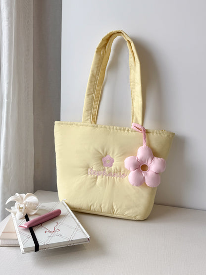 Personalized Puffer Shoulder Bag with Embroidered Name & Flower - 14x10 inches