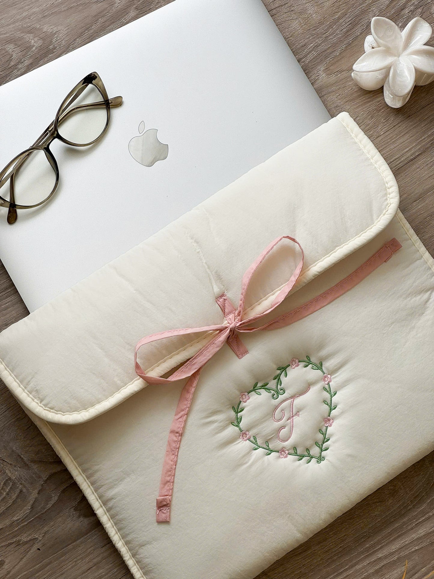 Personalized Laptop Sleeve with Embroidered Monogram & Bow - 13 inches