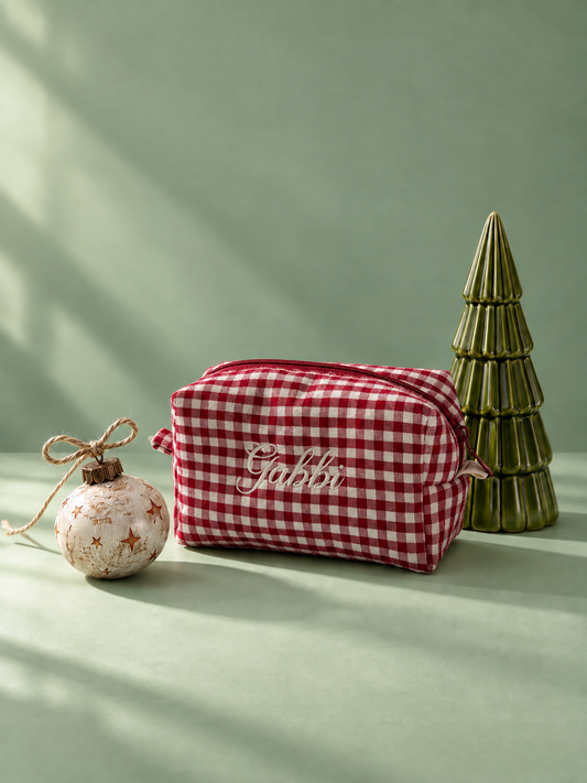 Makeup Pouch - Ruby Gingham - Custom Name